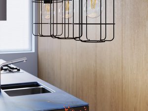 Miniaturka 4 - Trzy lampy sufitowe z drewnem i metalem nad kuchennym blatem
