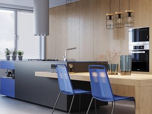 Miniaturka 6 - Nowoczesna kuchnia z niebieskimi krzesłami i lampami loftowymi