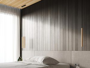 Miniaturka 7 - Jasna sypialnia z lampą ścienną i sufitem wykończonym w drewnie