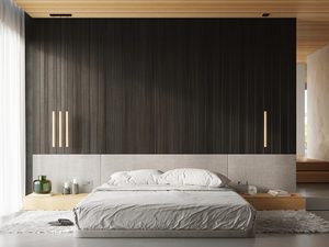 Miniaturka 6 - Tapicerowane łóżko z drewnianą zabudową i punktowym światłem