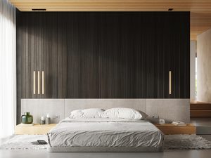 Miniaturka 6 - Minimalistyczna sypialnia z ciemnymi panelami i tapicerowanym łóżkiem