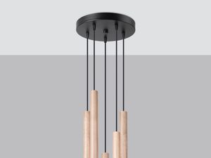 Miniaturka 2 - Designerska lampa wisząca z pięcioma drewnianymi kloszami LED