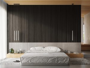 Miniaturka 6 - Stylowa sypialnia z łóżkiem i panelami z ciemnego drewna