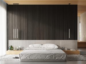Miniaturka 3 - Stylowa sypialnia z drewnianym sufitem i łóżkiem z tapicerowanym zagłówkiem