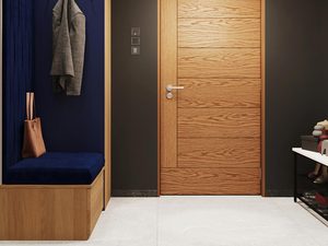 Miniaturka 5 - Stylowy hol z drewnianymi drzwiami i białymi lampami sufitowymi