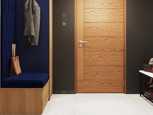 Miniaturka 19 - Wnętrze z granatową ścianą i drewnianymi drzwiami, styl nowoczesny