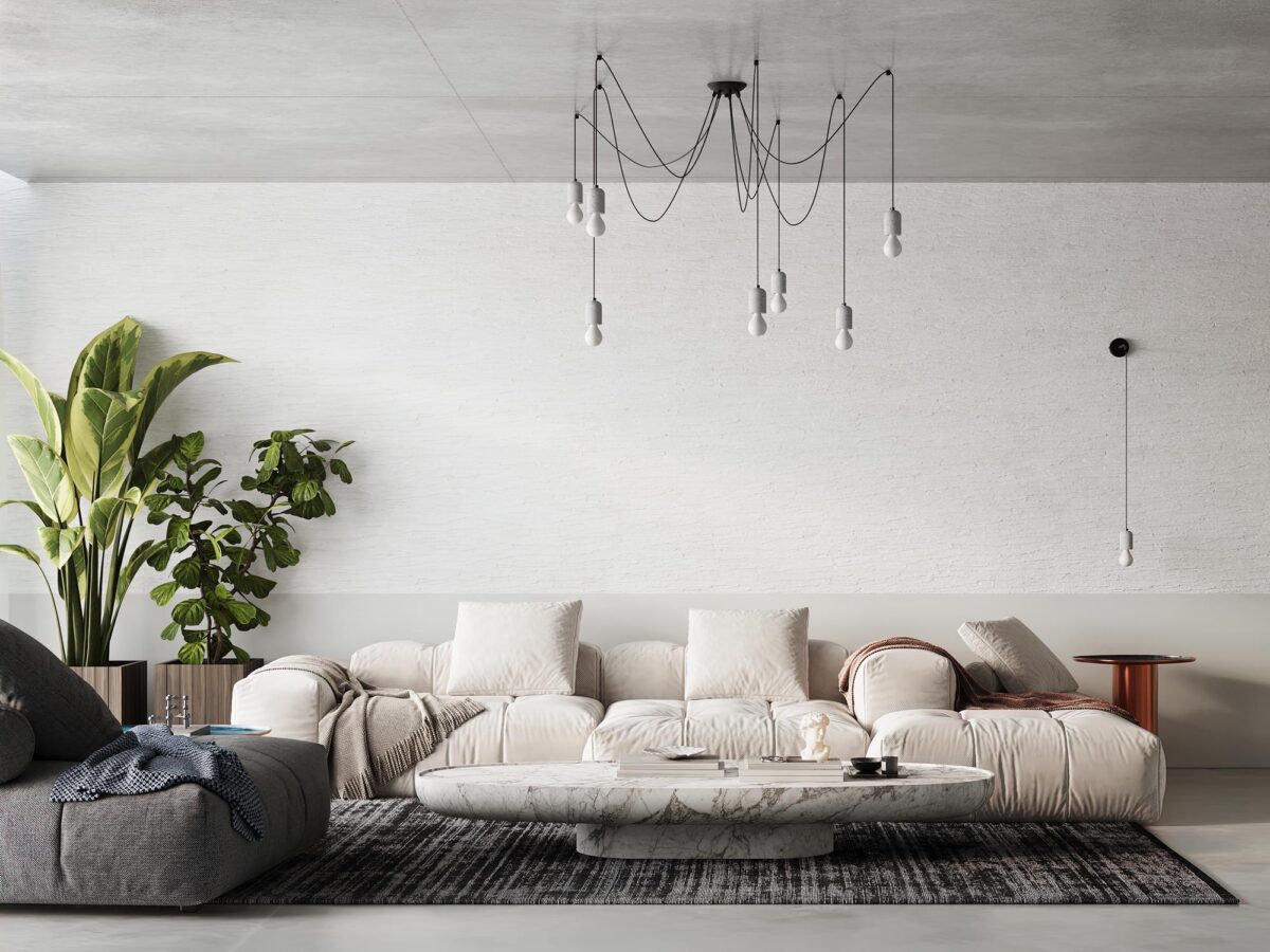 Minimalistyczny salon z betonowym sufitem