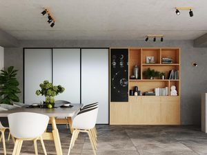 Miniaturka 1 - Jadalnia z białymi krzesłami i czarną lampą LED na suficie