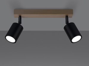 Miniaturka 3 - Lampa sufitowa z dwoma czarnymi reflektorami i drewnianą bazą