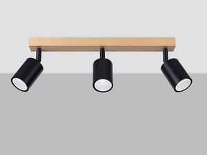 Miniaturka 2 - Drewniana lampa sufitowa z trzema czarnymi spotami w stylu loftowym