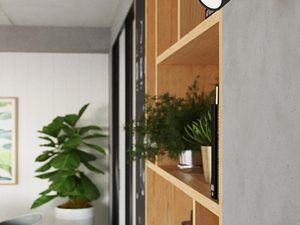 Miniaturka 6 - Czarny reflektor ścienny zamontowany na drewnianej płycie przy regale