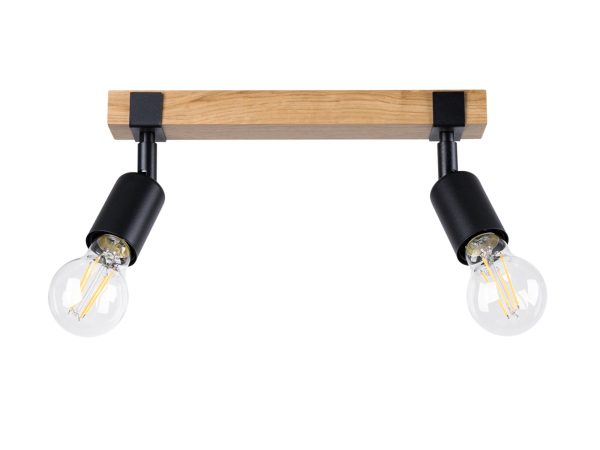 Lampa sufitowa z dwoma punktami światła na drewnianej podstawie