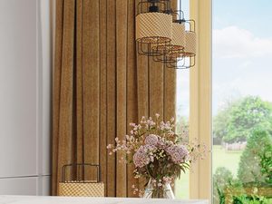 Miniaturka 6 - Jadalnia z długą lampą plecioną, zasłony i okno w tle