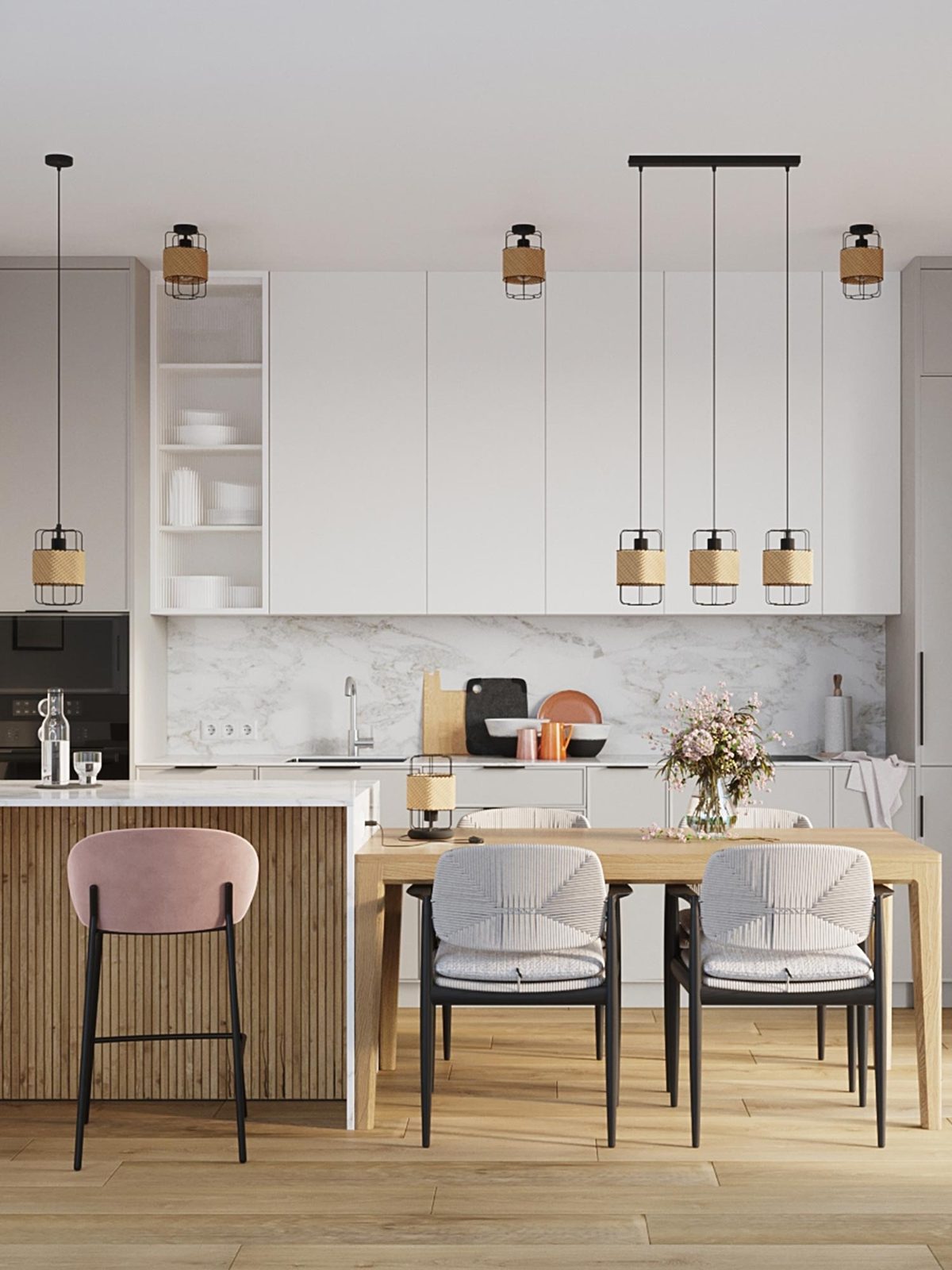 Kuchnia z oświetleniem z plecionki i loftowym wystrojem