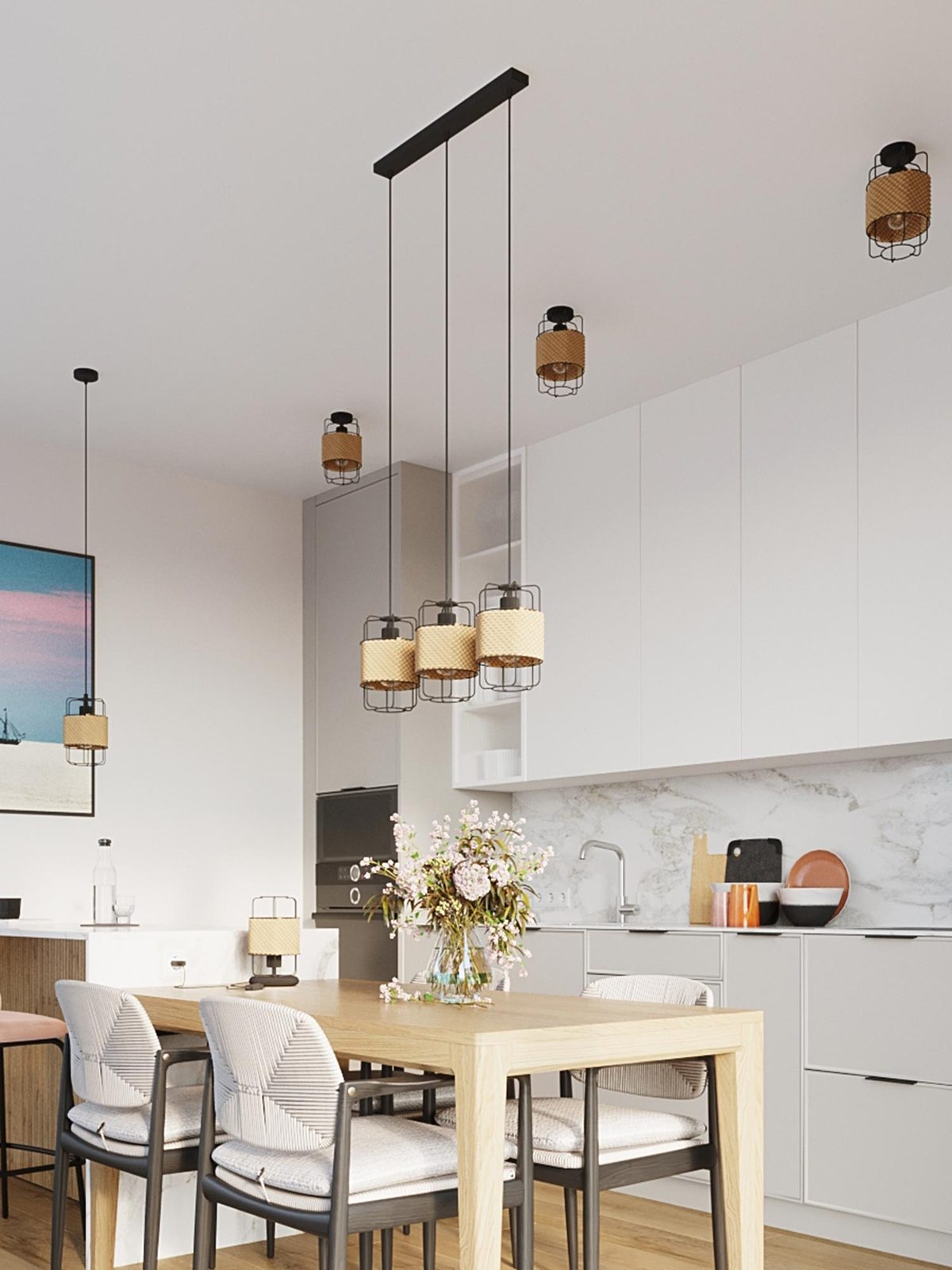 Nowoczesna jadalnia z sześcioma lampami z naturalnego sznurka