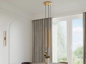 Miniaturka 20 - Jadalnia z dużym oknem i trzema smukłymi złotymi lampami