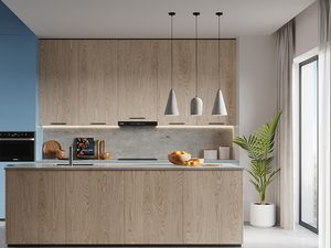 Miniaturka 4 - Betonowe lampy nad wyspą kuchenną z widokiem na ogród