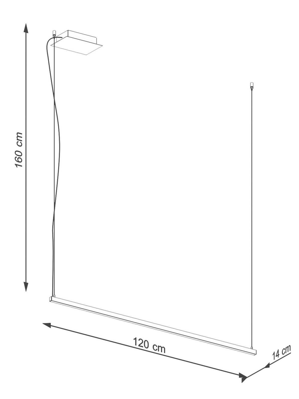 Rzut boczny z wymiarami technicznymi lampy wiszącej LED