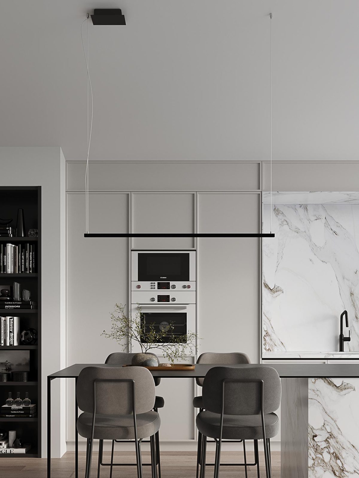 Stylowa lampa LED nad wyspą kuchenną z dużym przeszkleniem