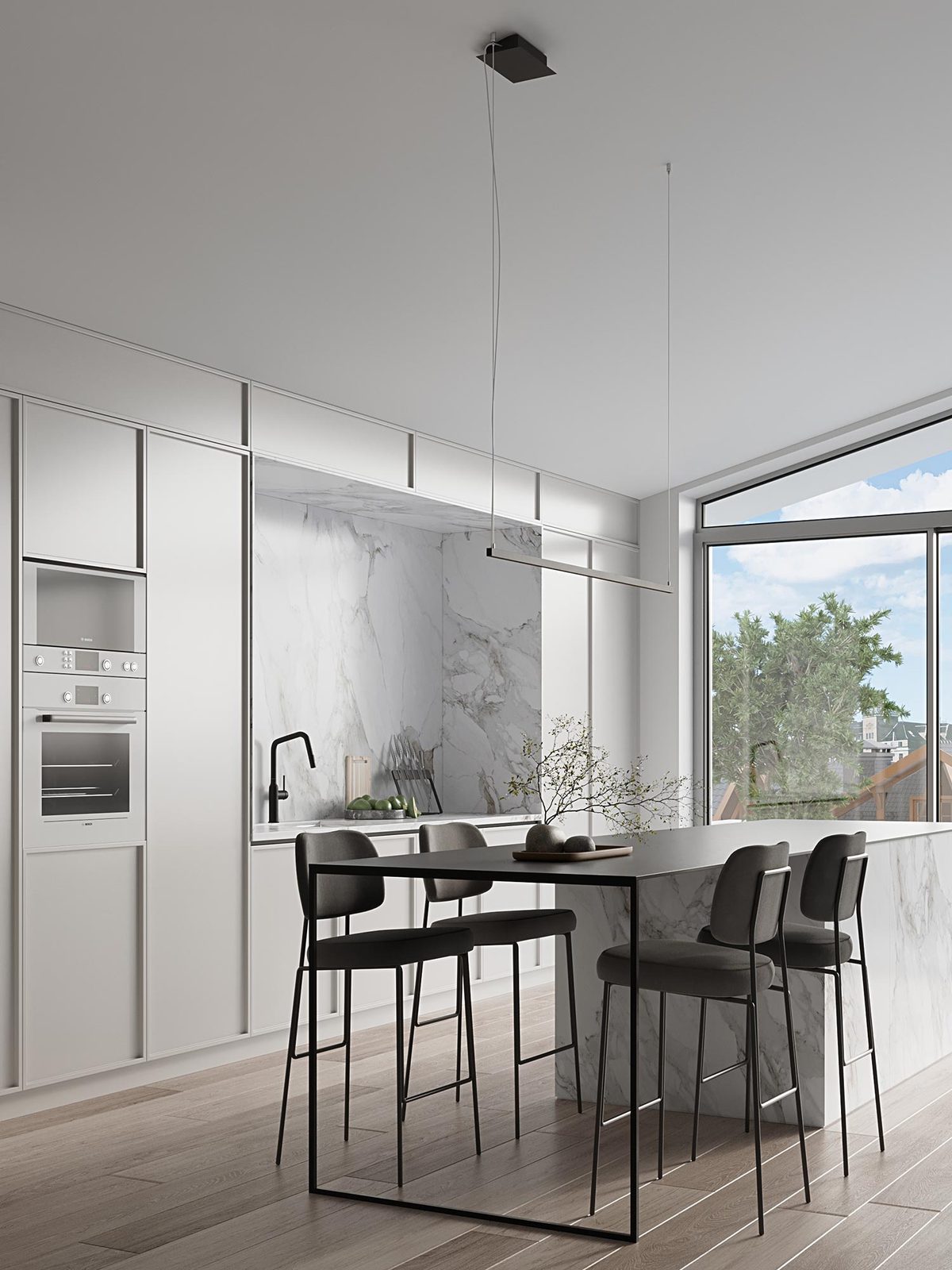 Biała kuchnia z marmurowymi ścianami i liniową lampą LED nad stołem