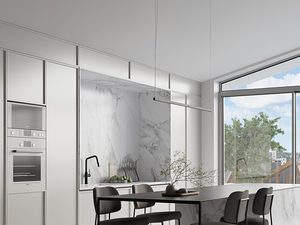 Miniaturka 13 - Biała kuchnia z marmurowymi ścianami i liniową lampą LED nad stołem