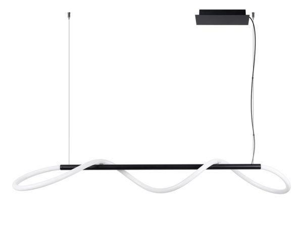 Nowoczesna lampa LED z białą linią światła, zawieszona nad stołem