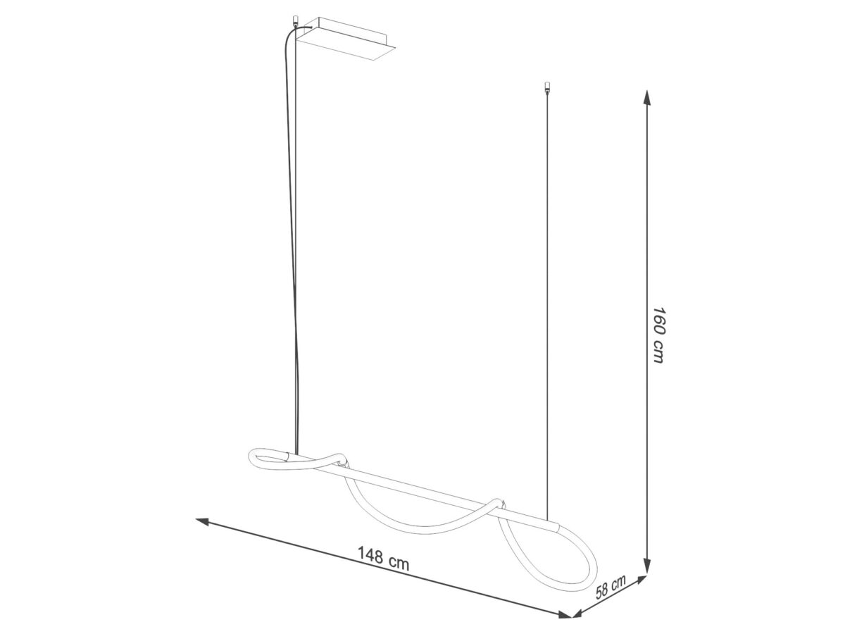 Schemat wymiarów lampy LED z białym przewodem i giętym profilem