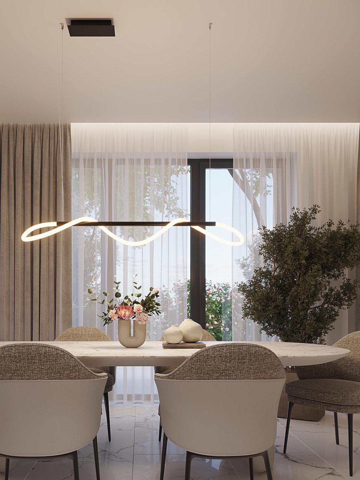 Lampa LED z podwójnym giętym profilem zawieszona nad stołem