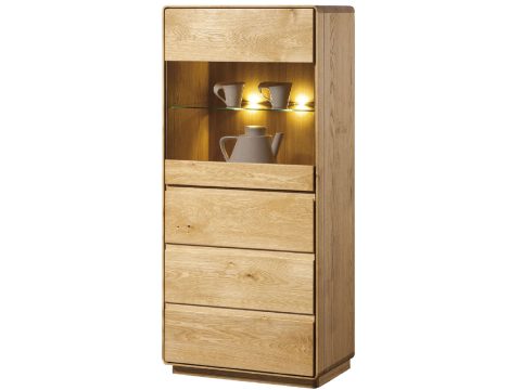 Nowoczesna witryna z szufladą i półkami LED, wykończenie dębowe