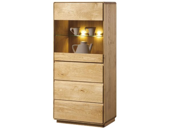 Nowoczesna witryna z szufladą i półkami LED, wykończenie dębowe