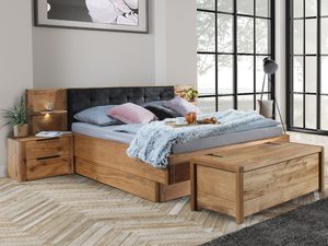 Miniaturka 2 - Łóżko dębowe z beżowym zagłówkiem i szafkami nocnymi