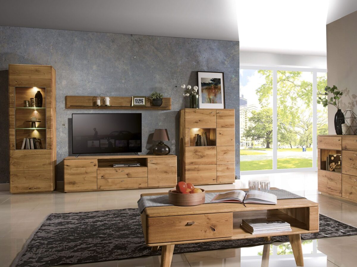 Meble dębowe Denver salon z witryną i szafką RTV