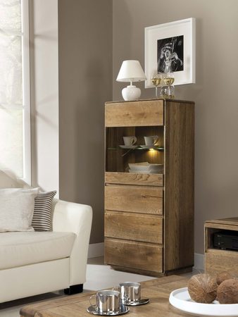 Witryna z podświetleniem LED i szufladami z litego drewna