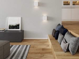 Miniaturka 11 - Białe kinkiety LED w nowoczesnej kuchni otwartej na salon