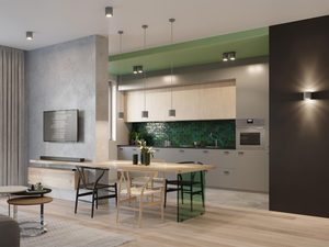 Miniaturka 11 - Nowoczesna kuchnia z zielonym sufitem i punktowym oświetleniem LED