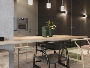Miniaturka 15 - Wiszące lampy LED nad stołem w kuchni z ciemną zabudową