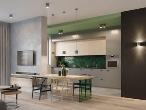 Miniaturka 11 - Kuchnia z drewnem i szarością oraz oświetleniem sufitowym LED