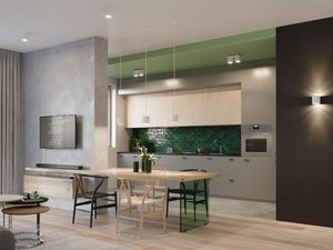 Miniaturka 17 - Kuchnia z zielonym sufitem i trzema wiszącymi lampami LED