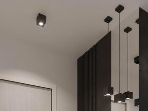 Miniaturka 10 - Aranżacja wejścia z wiszącymi lampami LED i ciemną boazerią