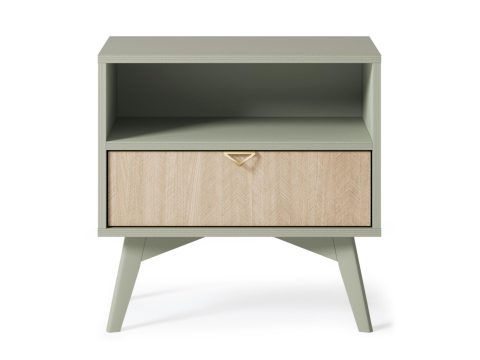 Zielona szafka nocna z drewnianą szufladą i ukośnymi nóżkami retro