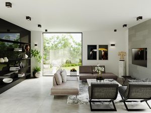 Miniaturka 3 - Wnętrze salonu nowoczesnego z czarnymi małymi kinkietami na ścianie