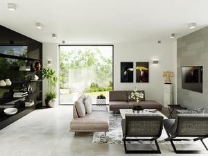 Miniaturka 9 - Salon z kinkietem LED w aranżacji jasnoszarej i naturalnej zieleni