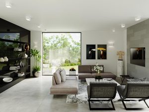 Miniaturka 15 - Salon z kinkietem LED w aranżacji jasnoszarej i naturalnej zieleni