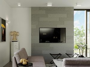Miniaturka 16 - Wnętrze z telewizorem i szarym kinkietem LED na betonowej ścianie