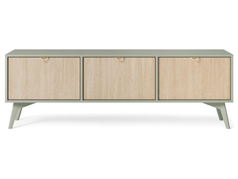 Długa szafka RTV z drzwiami w dekorze dąb i oliwkową podstawą