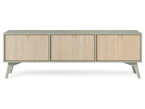 Długa szafka RTV z drzwiami w dekorze dąb i oliwkową podstawą