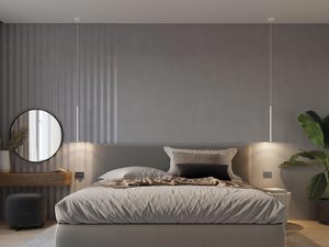 Miniaturka 4 - Minimalistyczna sypialnia z dwiema pionowymi lampami wiszącymi