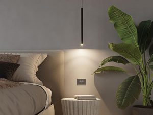 Miniaturka 9 - Stylowa sypialnia z lampą wiszącą i tapicerowanym łóżkiem beżowym