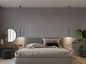 Miniaturka 10 - Sypialnia z dwoma czarnymi lampami wiszącymi po bokach łóżka