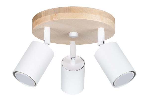 Minimalistyczna lampa drewniana z czterema białymi reflektorami do salonu